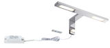 Chrome LED mirror light with warm white illumination and white cable for bathroom lighting