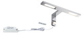 Chrome LED mirror light with warm white illumination and white cable for bathroom lighting