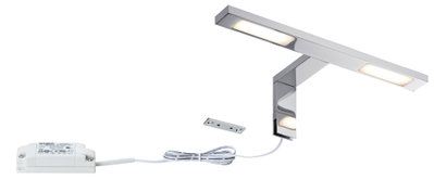 Applique miroir LED chromée avec lumière blanc chaud et câble blanc pour éclairage de salle de bain