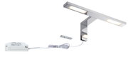Chrome LED mirror light with warm white illumination and power supply for bathroom lighting