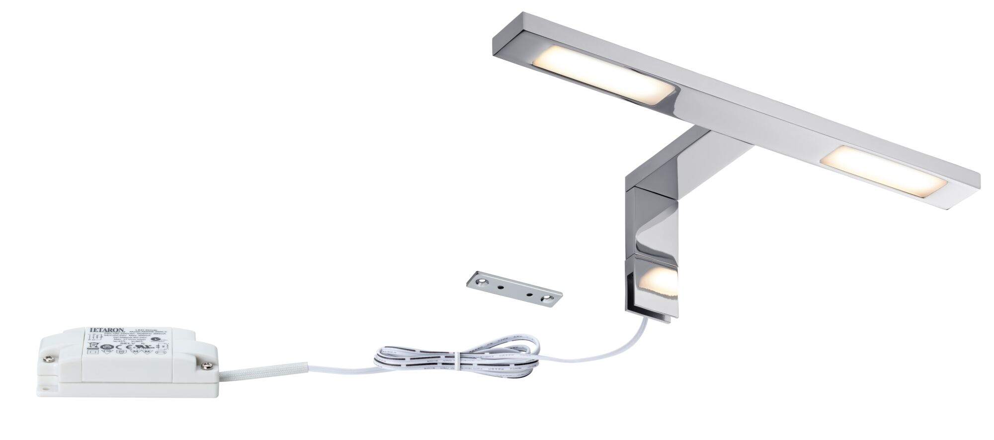 Applique miroir LED chromée avec lumière blanc chaud et alimentation pour éclairage salle de bain
