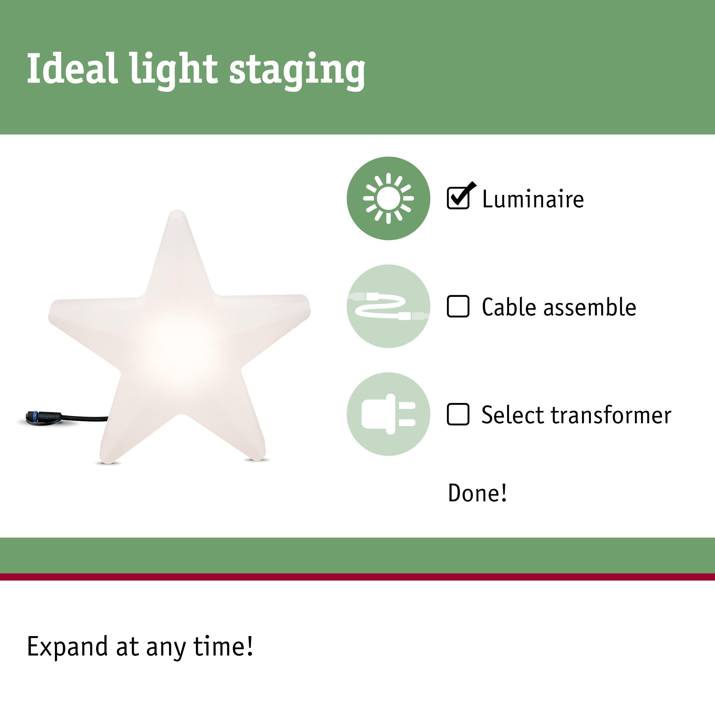 White star-shaped luminaire with cable for decorative lighting and ideal light staging