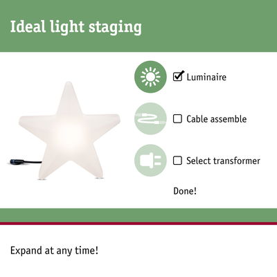 White star-shaped luminaire with cable for decorative lighting and ideal light staging