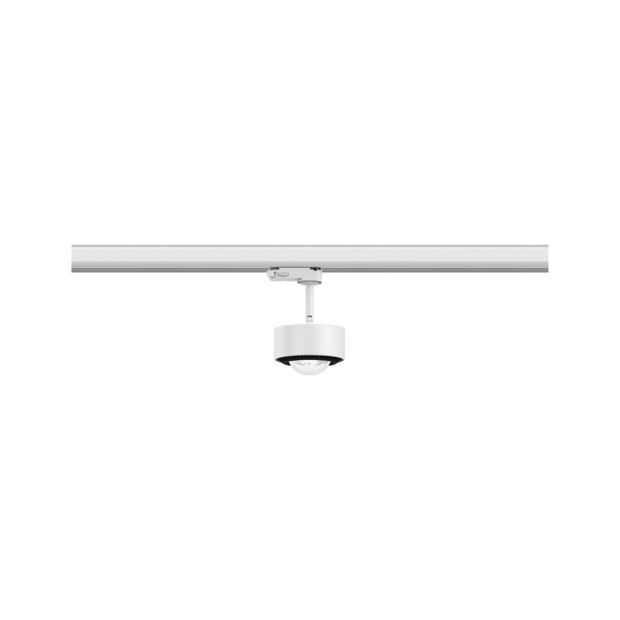 Weißer LED-Strahler aus Metall an Schienensystem für flexible Innenbeleuchtung