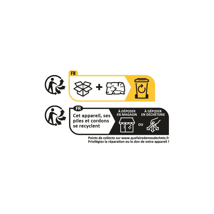 Instructions de recyclage pour appareils, piles et cordons avec options de dépôt en magasin ou déchèterie.