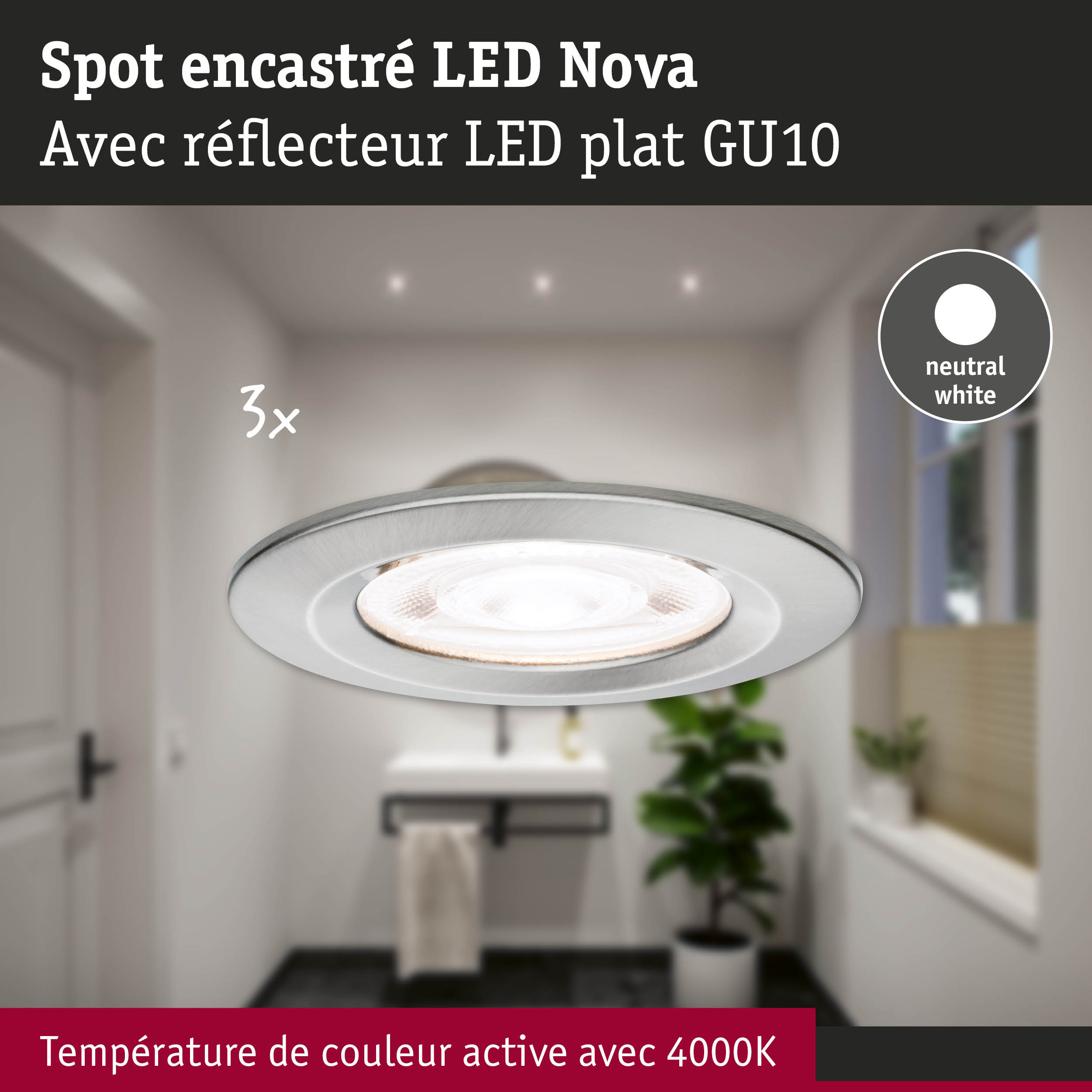 Spot encastré LED Nova en aluminium argenté avec lumière blanc neutre 4000K pour intérieur