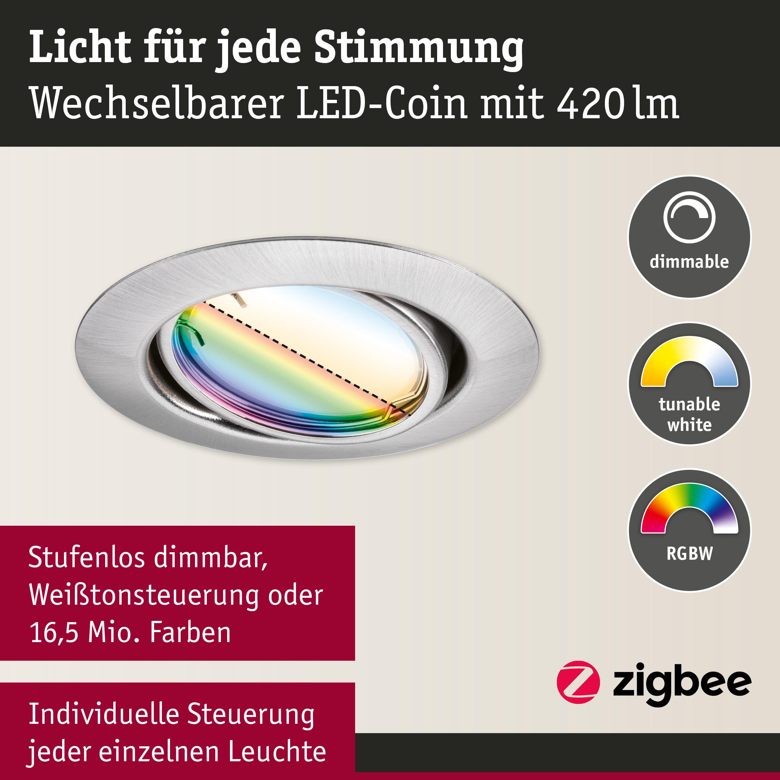 Wechselbarer LED-Spot aus gebürstetem Aluminium mit dimmbarer RGBW-Farbsteuerung und Zigbee-Funktion