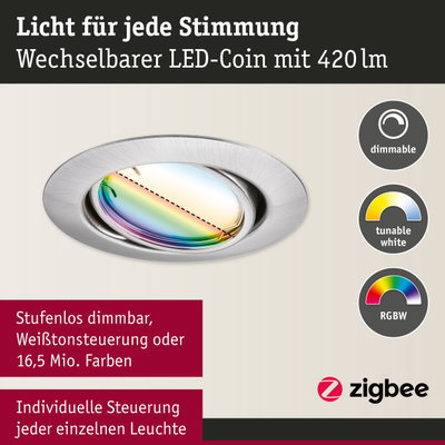 LED-Einbaustrahler aus gebürstetem Aluminium mit dimmbarer, tunbarer und RGBW-Farbsteuerung