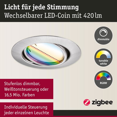 Wechselbarer LED-Spot aus gebürstetem Aluminium mit dimmbarer RGBW-Farbsteuerung und Zigbee-Funktion