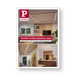 Flyer mit flexiblem Linion Lichtkanalsystem in modernen Wohnräumen, LED-Beleuchtung in warmweißem Licht.