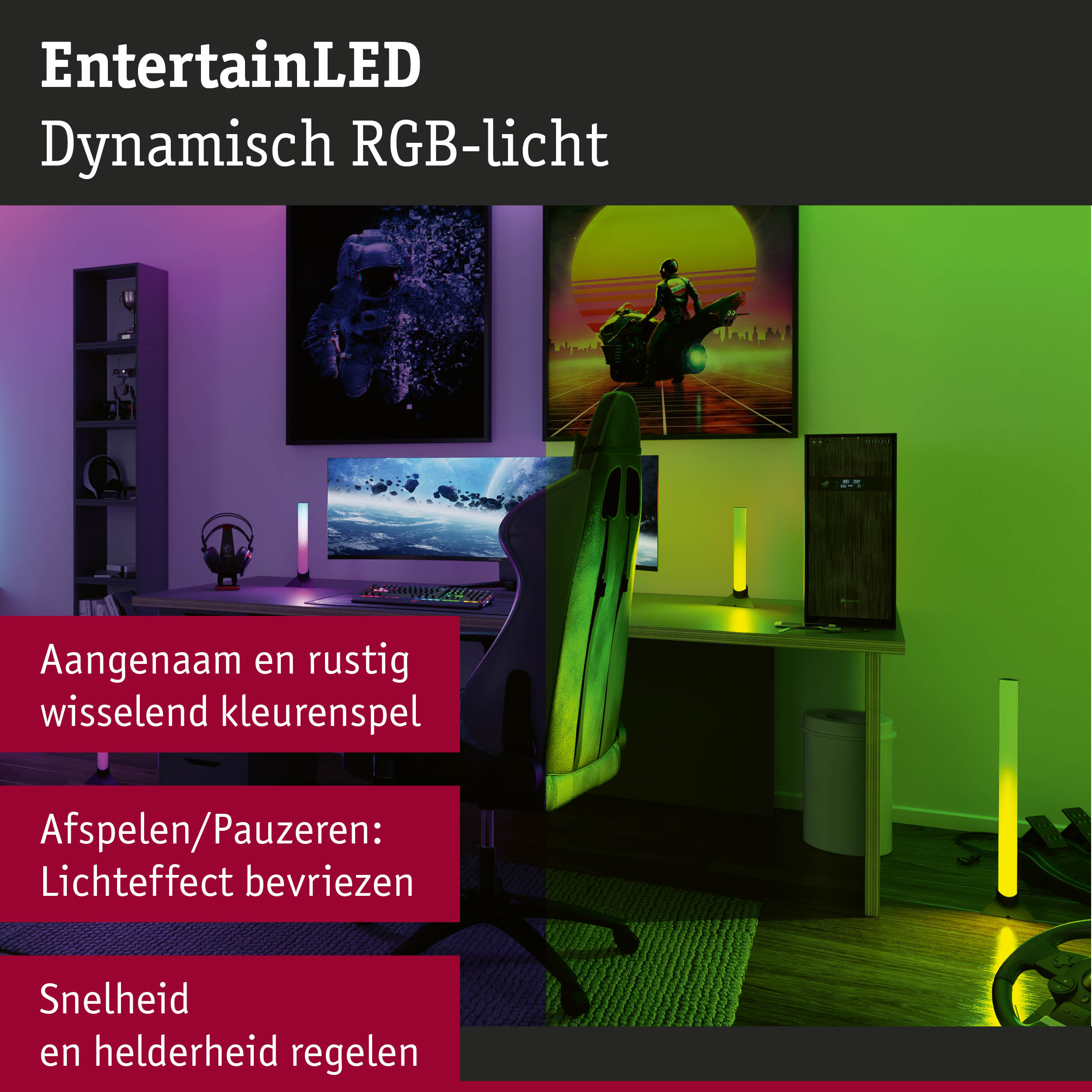 Gaming setup met dynamische RGB-verlichting in paars en groen voor sfeervol licht