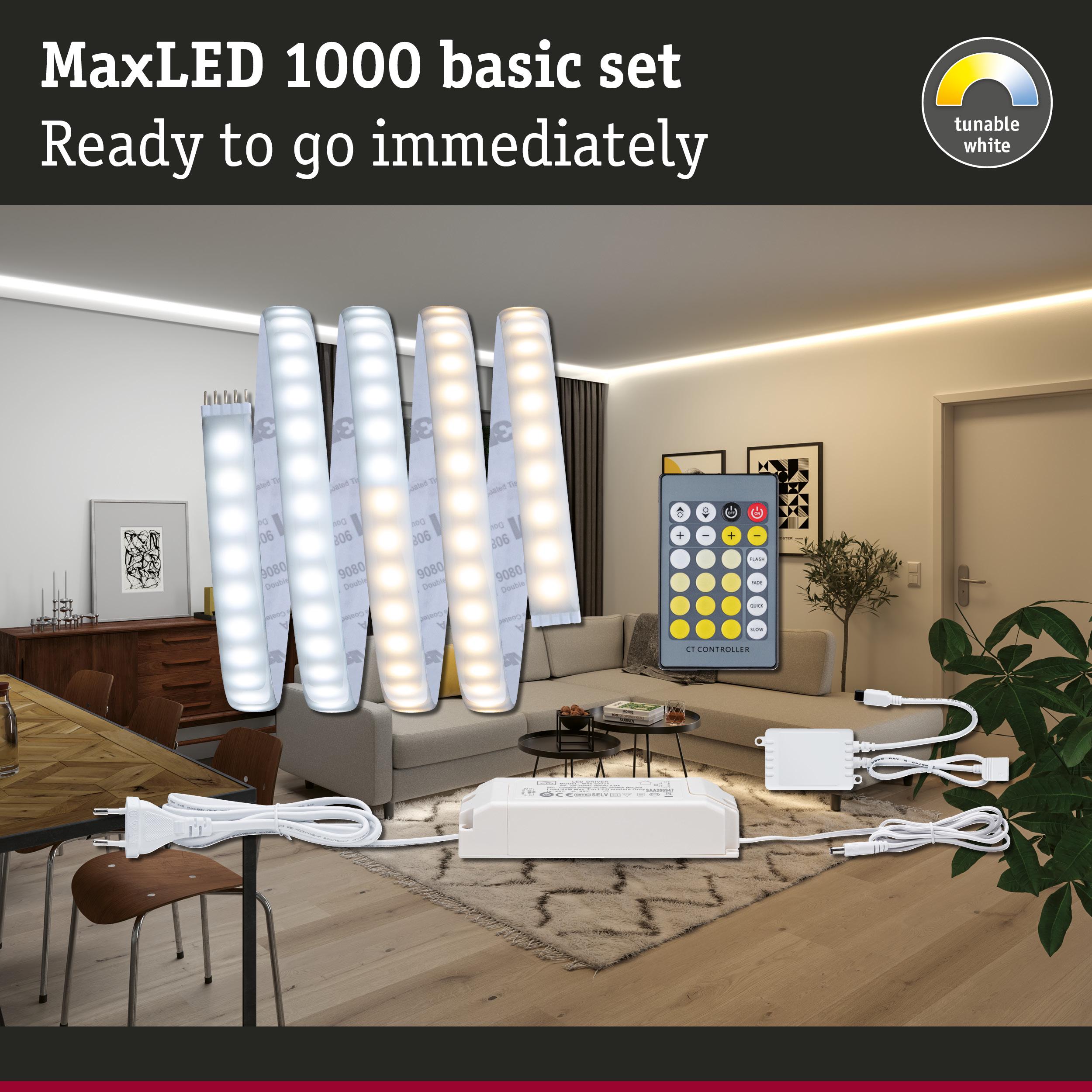 MaxLED 1000 basic set with tunable white LED strips and remote control for versatile home lighting