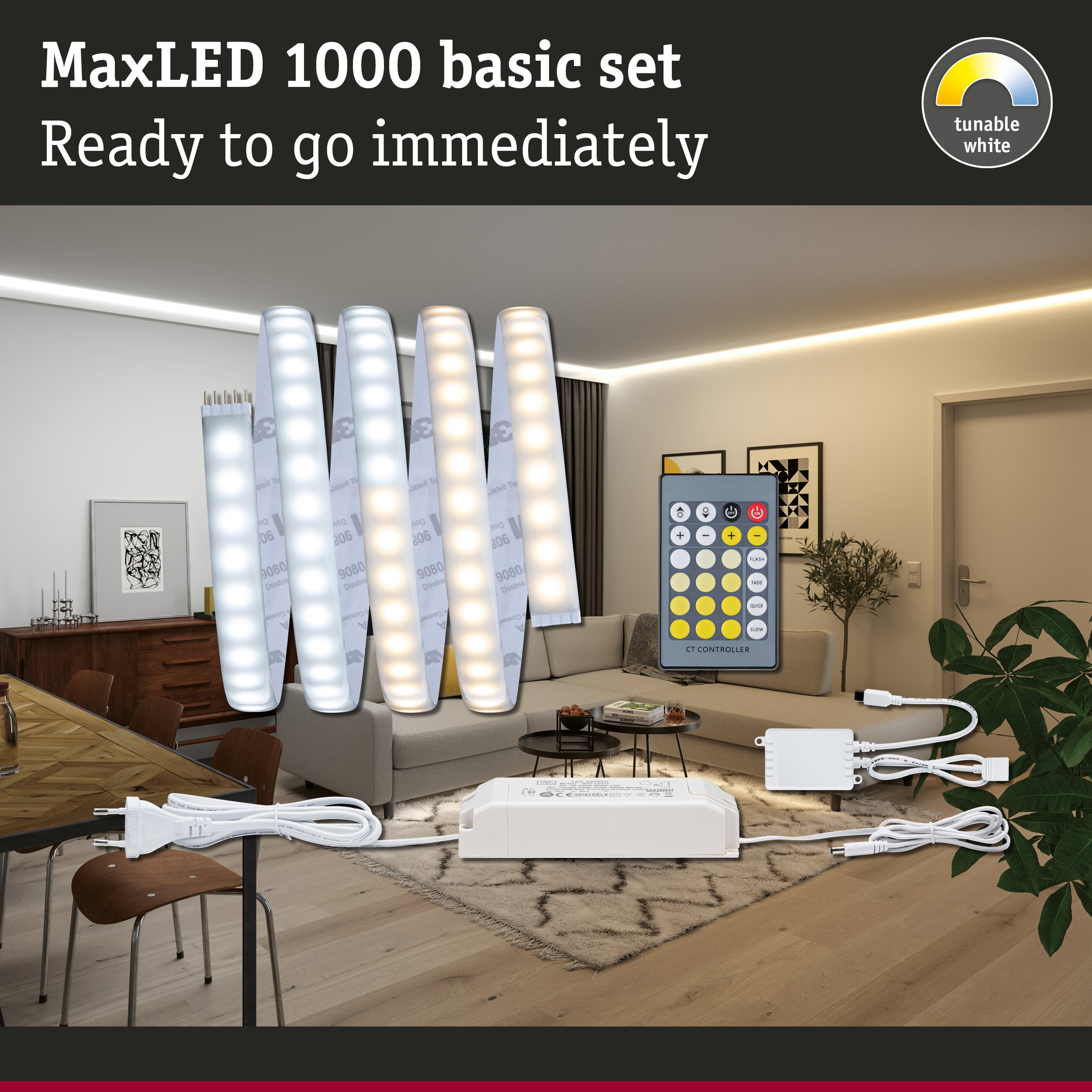 MaxLED 1000 basic set with tunable white LED strips and remote control for home lighting