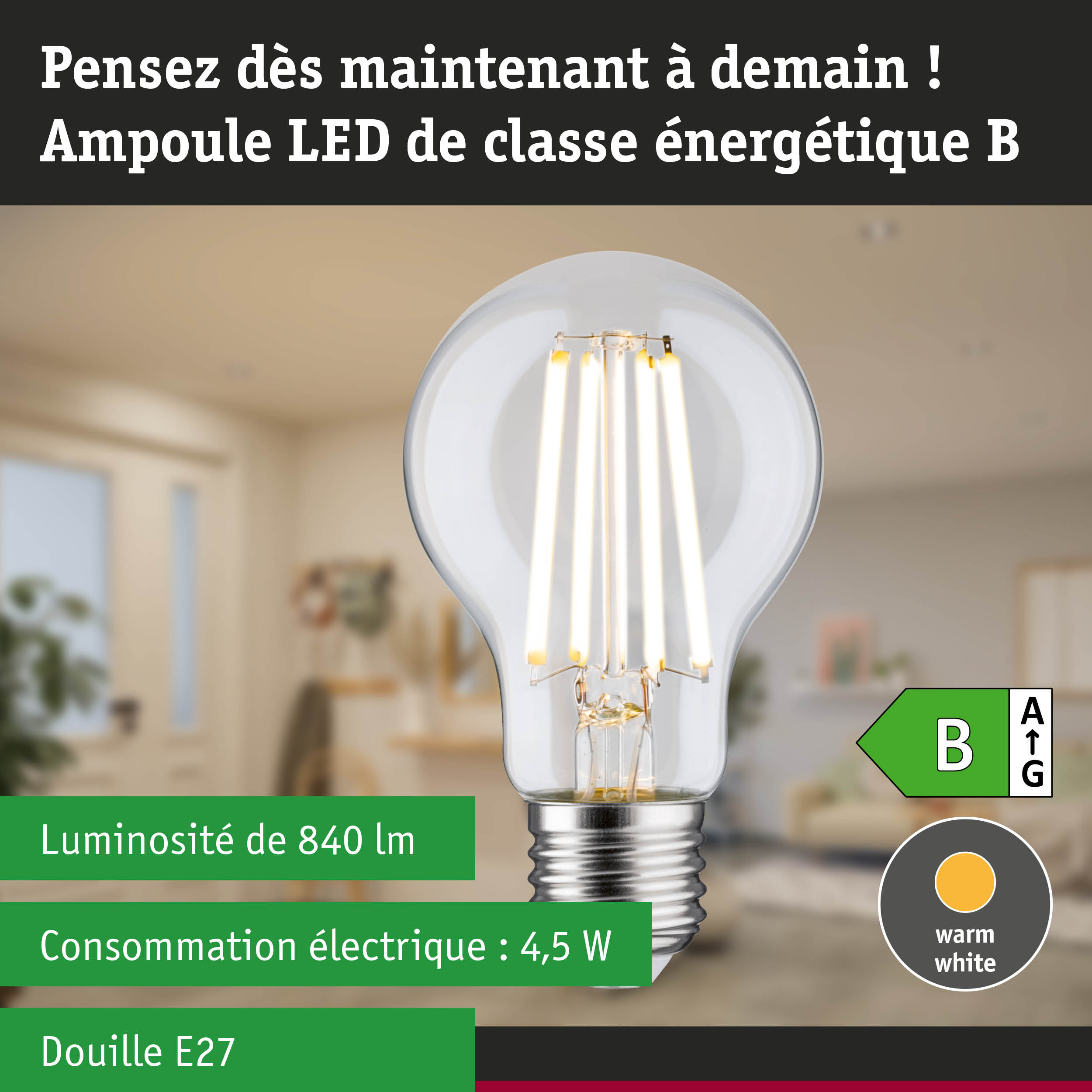 Ampoule LED à lumière blanc chaud et ultra-efficace sur fond de forêt verte lumineuse