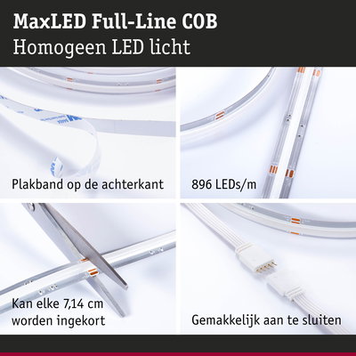 MaxLED Full-Line COB LED-strip met 896 LEDs/m, plakband aan achterkant, elke 7,14 cm in te korten, eenvoudig aan te sluiten