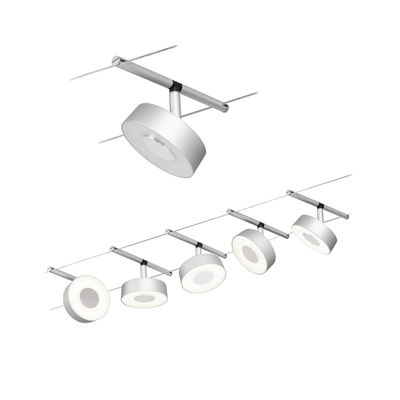Modern silver LED cable spotlight with round heads for versatile room lighting solutions