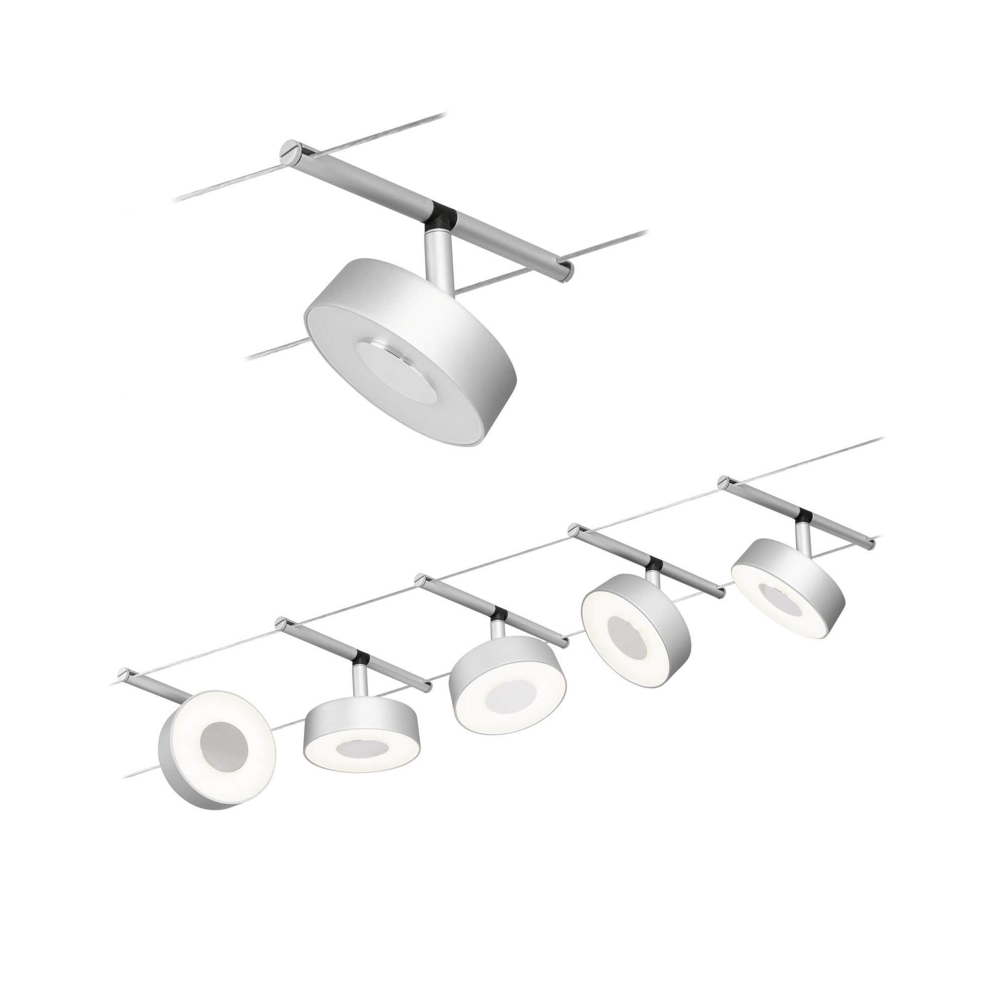 CorDuo LED Seilsystem Circle Basisset 5x180lm 5x5W 3000K 230/12V Chrom matt Moderne LED-Seilspotleuchte in Silber mit runden Leuchtenköpfen für flexible Raumbeleuchtung