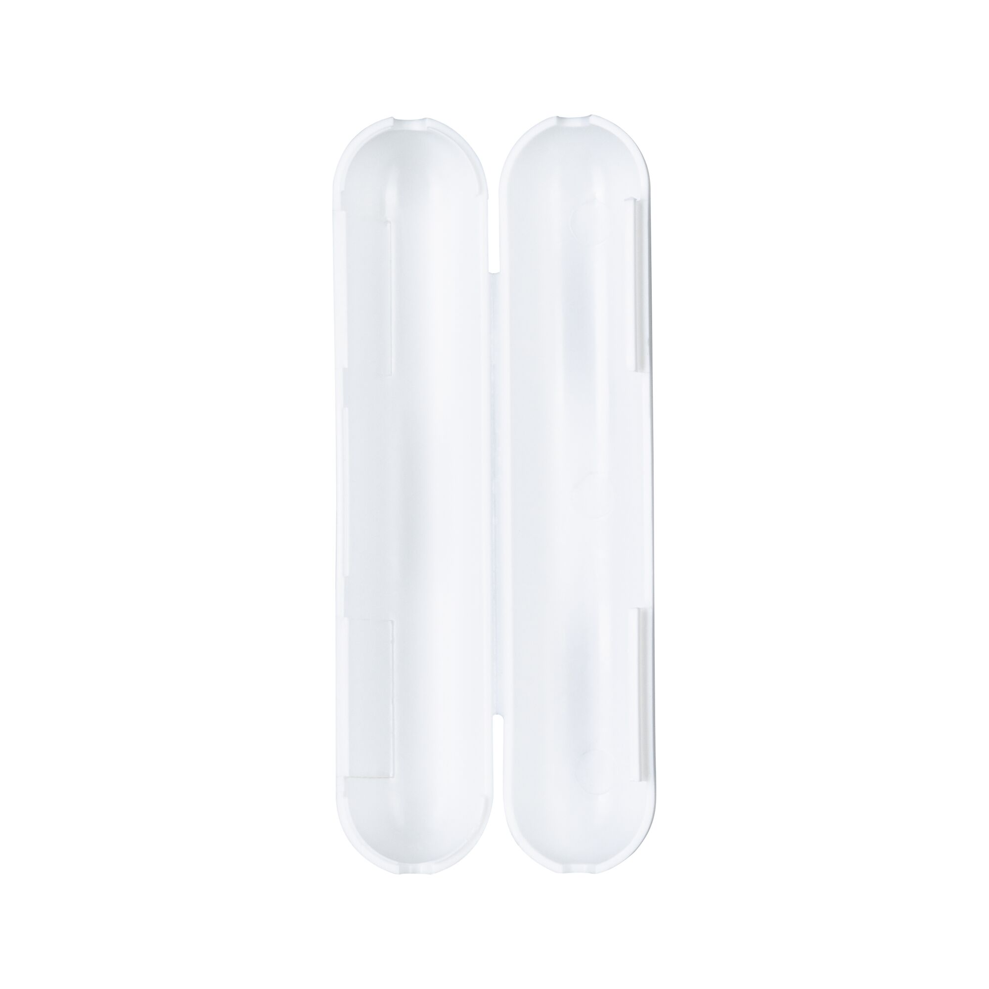 Étui en plastique blanc à clapet, fin et allongé, idéal pour ranger de petits objets