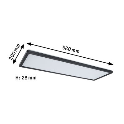 Flache rechteckige LED-Deckenleuchte in Schwarz mit weißen Diffusor, Maße 580x200x28 mm