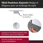 Suspension URail Pendulum Alejandro en argent avec réglage de hauteur et diffuseur LED anti-éblouissement