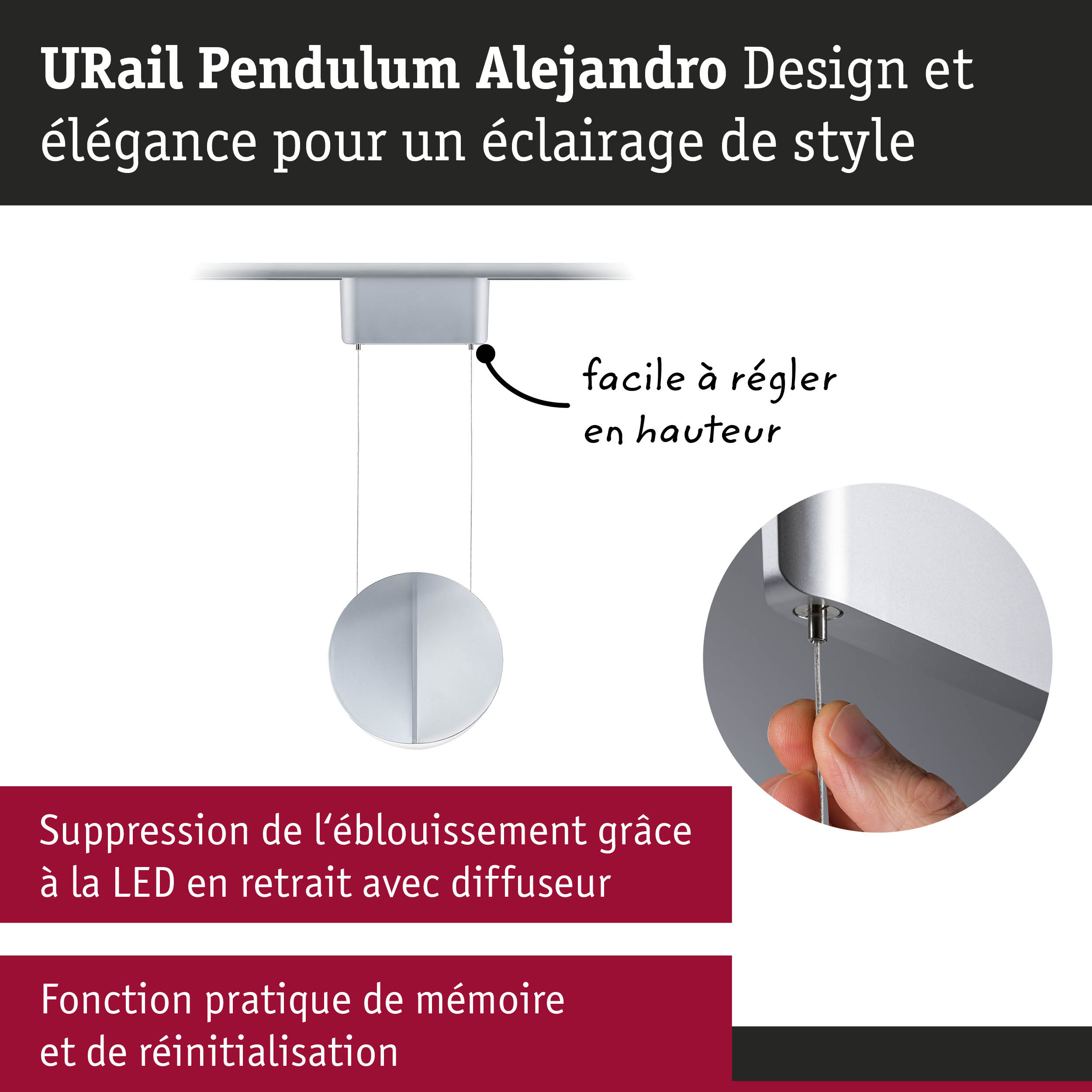Suspension URail Pendulum Alejandro en argent avec réglage de hauteur et diffuseur LED anti-éblouissement