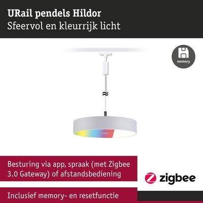 Witte URail pendel Hildor met kleurrijk licht en Zigbee bediening via app of spraak