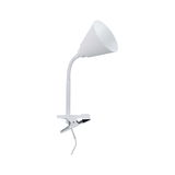 White plastic clip lamp with flexible neck for focused lighting in workspaces and desks