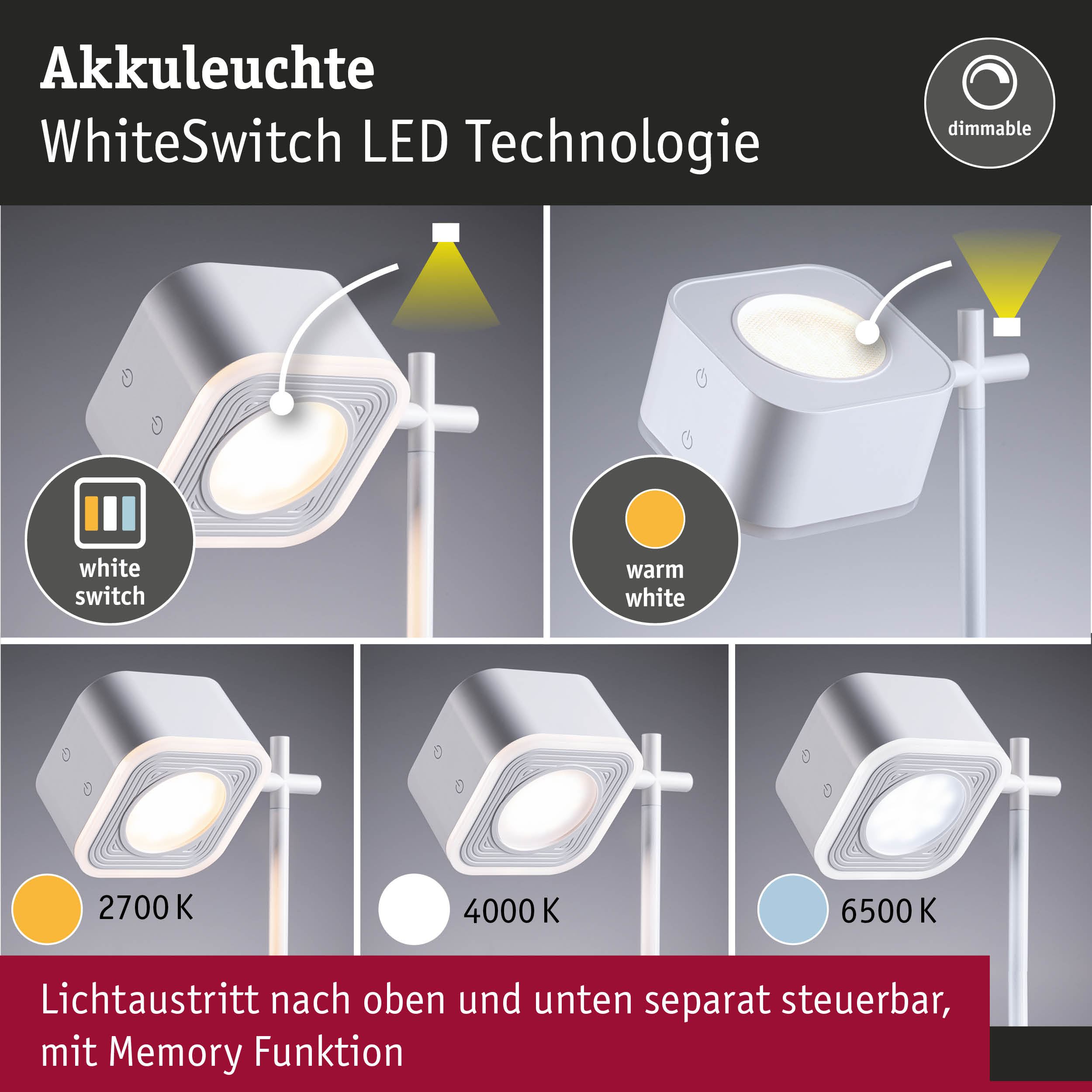 Weiße Akkuleuchte mit WhiteSwitch LED Technologie und dimmbarer Lichtfarbe von 2700K bis 6500K