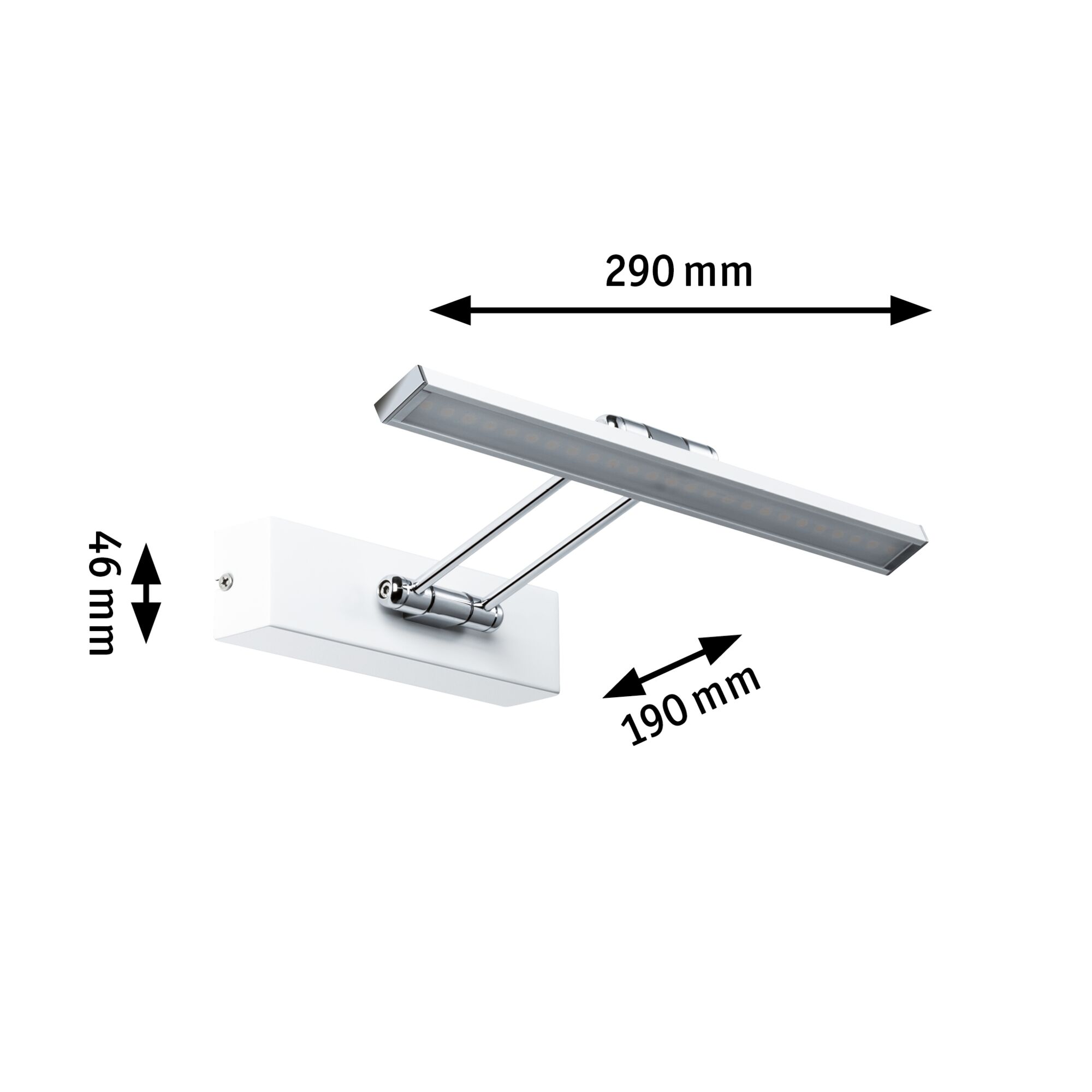 White LED wall light with adjustable metal arm, dimensions 290x190x46 mm, modern indoor lighting fixture