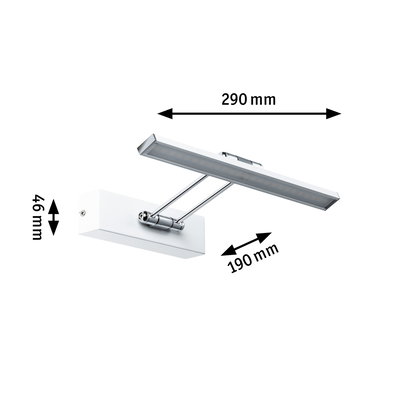 White LED wall light with adjustable metal arm, dimensions 290x190x46 mm, modern indoor lighting fixture