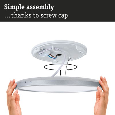 Assembly of round LED ceiling light with silver frame and white diffuser, easy screw cap installation.