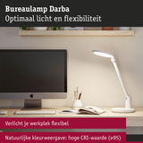 Witte LED bureaulamp Darba met flexibele arm en hoge CRI-waarde voor natuurlijk licht op werkplek.
