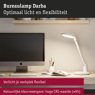 Witte LED bureaulamp Darba met flexibele arm en hoge CRI-waarde voor natuurlijk licht op werkplek.