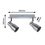 Two-light LED ceiling spotlight in brushed stainless steel with adjustable heads and size details.