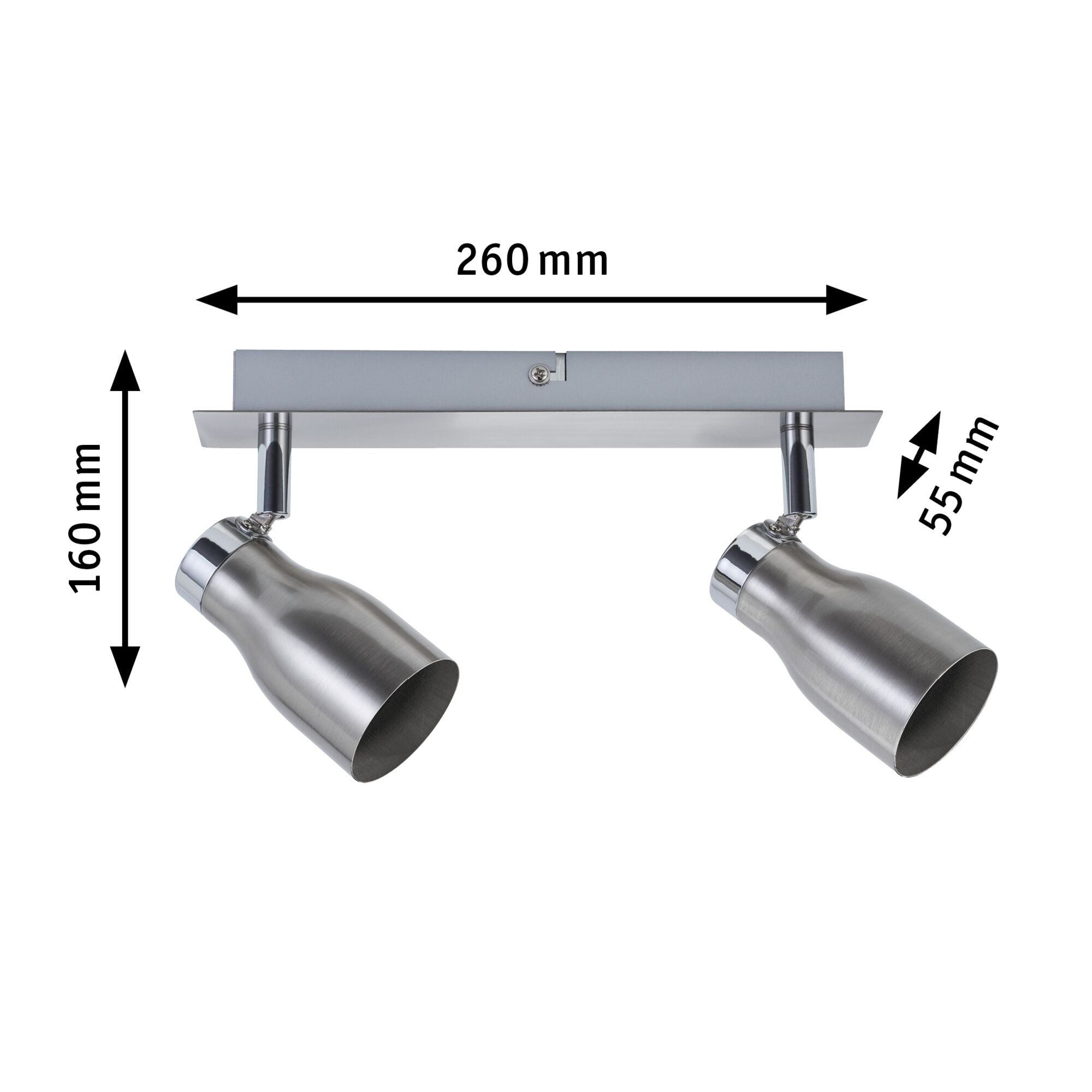Two-light LED ceiling spotlight in brushed stainless steel with adjustable heads and size details.