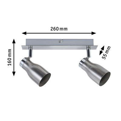Two-light LED ceiling spotlight in brushed stainless steel with adjustable heads and size details.