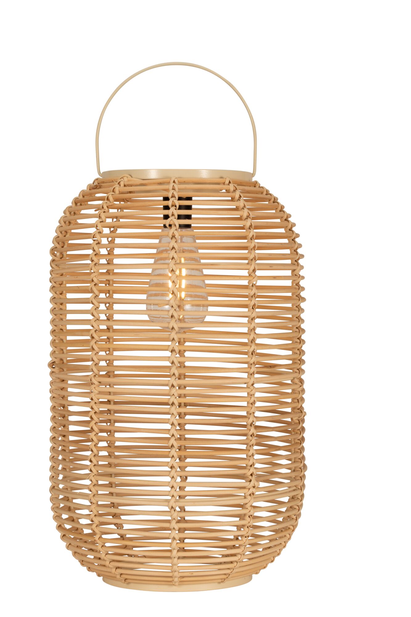 Laterne aus geflochtenem Naturmaterial in Beige mit sichtbarer Glühbirne für stimmungsvolle Beleuchtung