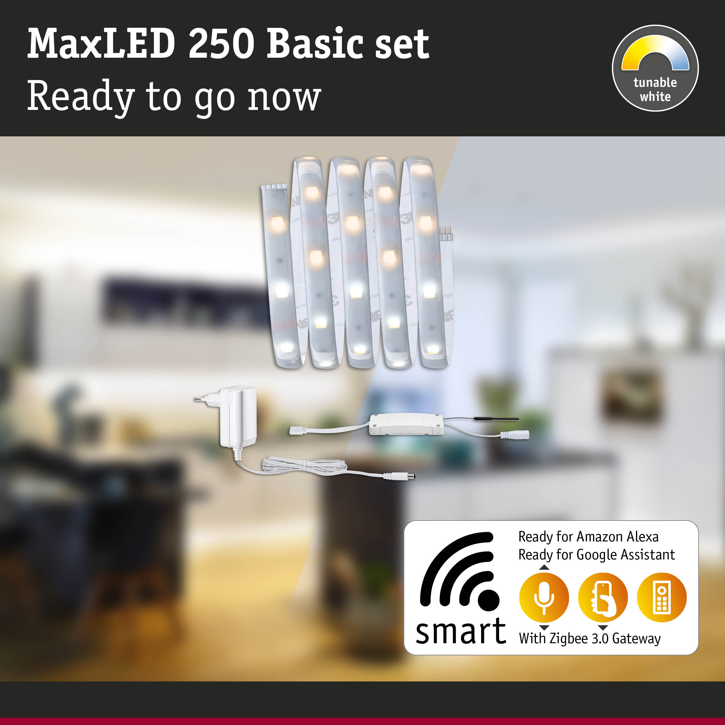 MaxLED 250 Basic set with tunable white LED strips and Zigbee 3.0 gateway for smart home control