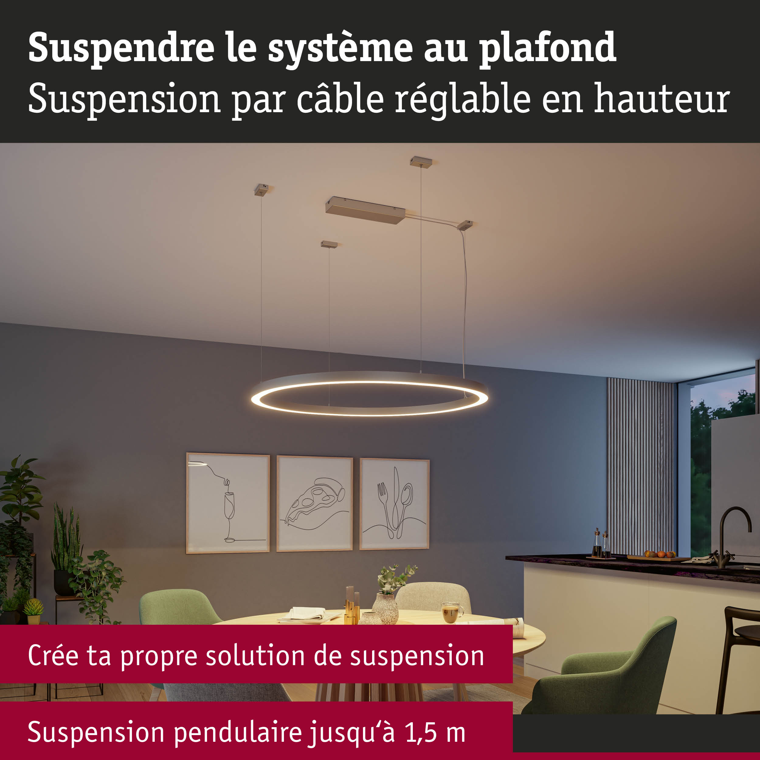Suspension LED ronde moderne avec câble réglable et lumière blanc chaud pour salle à manger