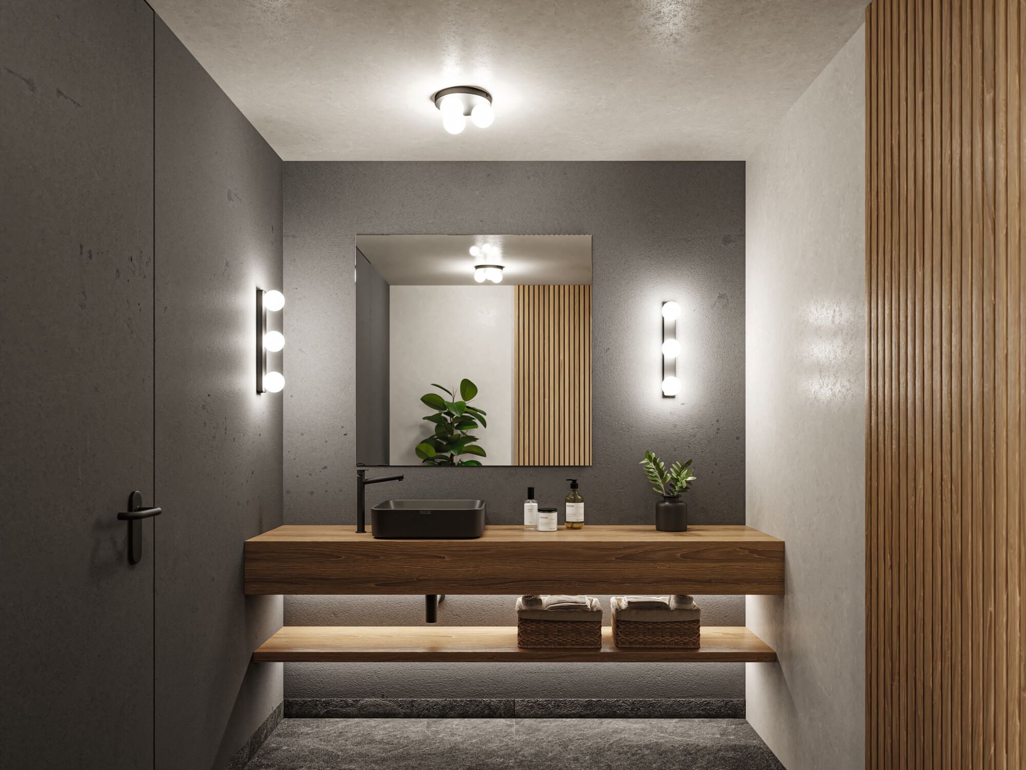 Moderne badkamer met houten wastafel, zwarte wasbak en warmwitte LED-wandlampen.