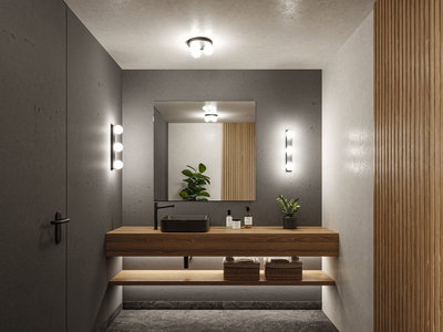 Salle de bain moderne avec meuble en bois, lavabo noir et appliques LED blanches chaudes.