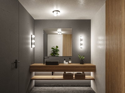 Moderne badkamer met houten wastafel, zwarte wasbak en warmwitte LED-wandlampen.