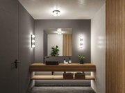 Modernes Badezimmer mit Holzwaschtisch, schwarzem Waschbecken und warmweißen LED-Wandleuchten.