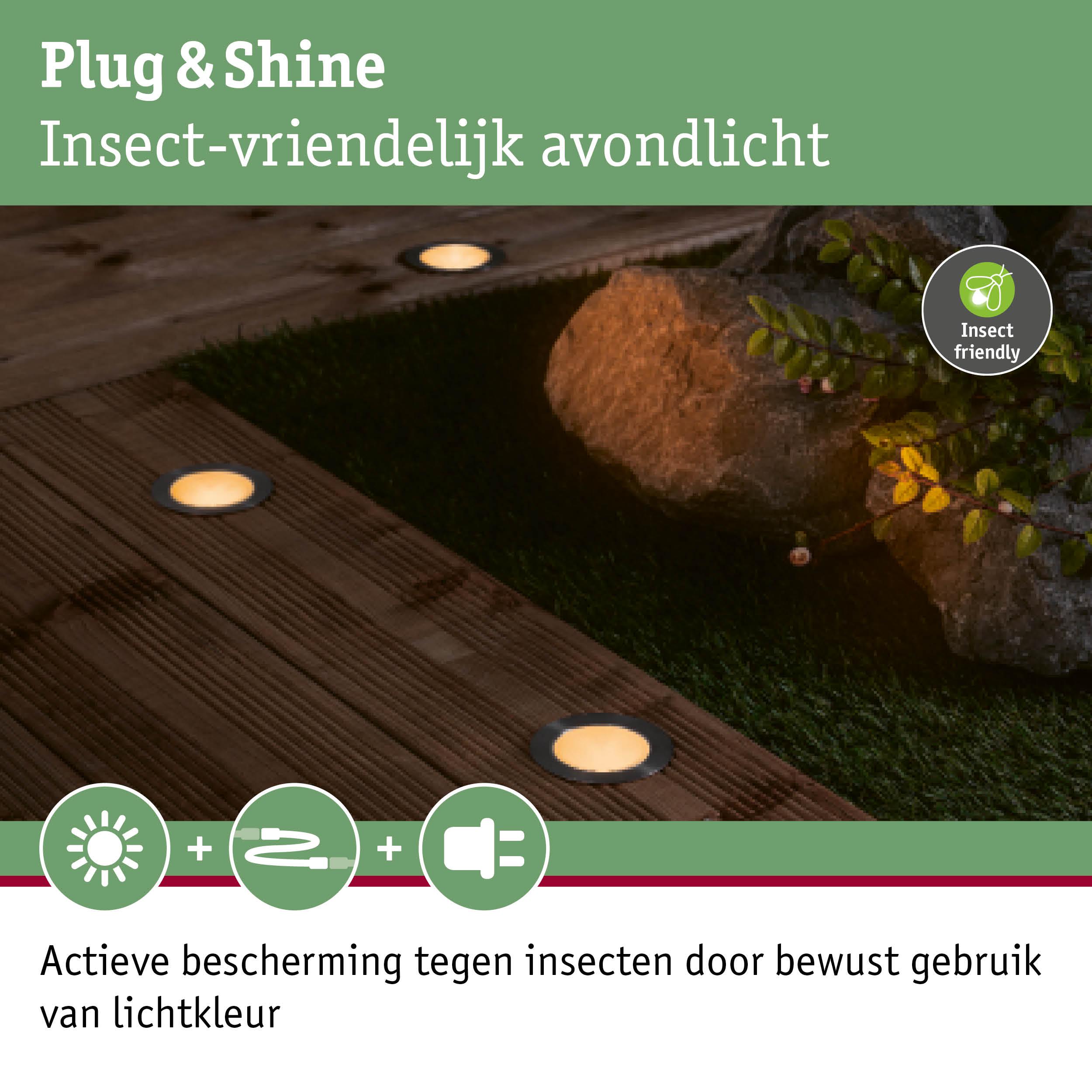 Insectvriendelijke warmwitte LED-vloerlampen op houten terras met tuinplanten