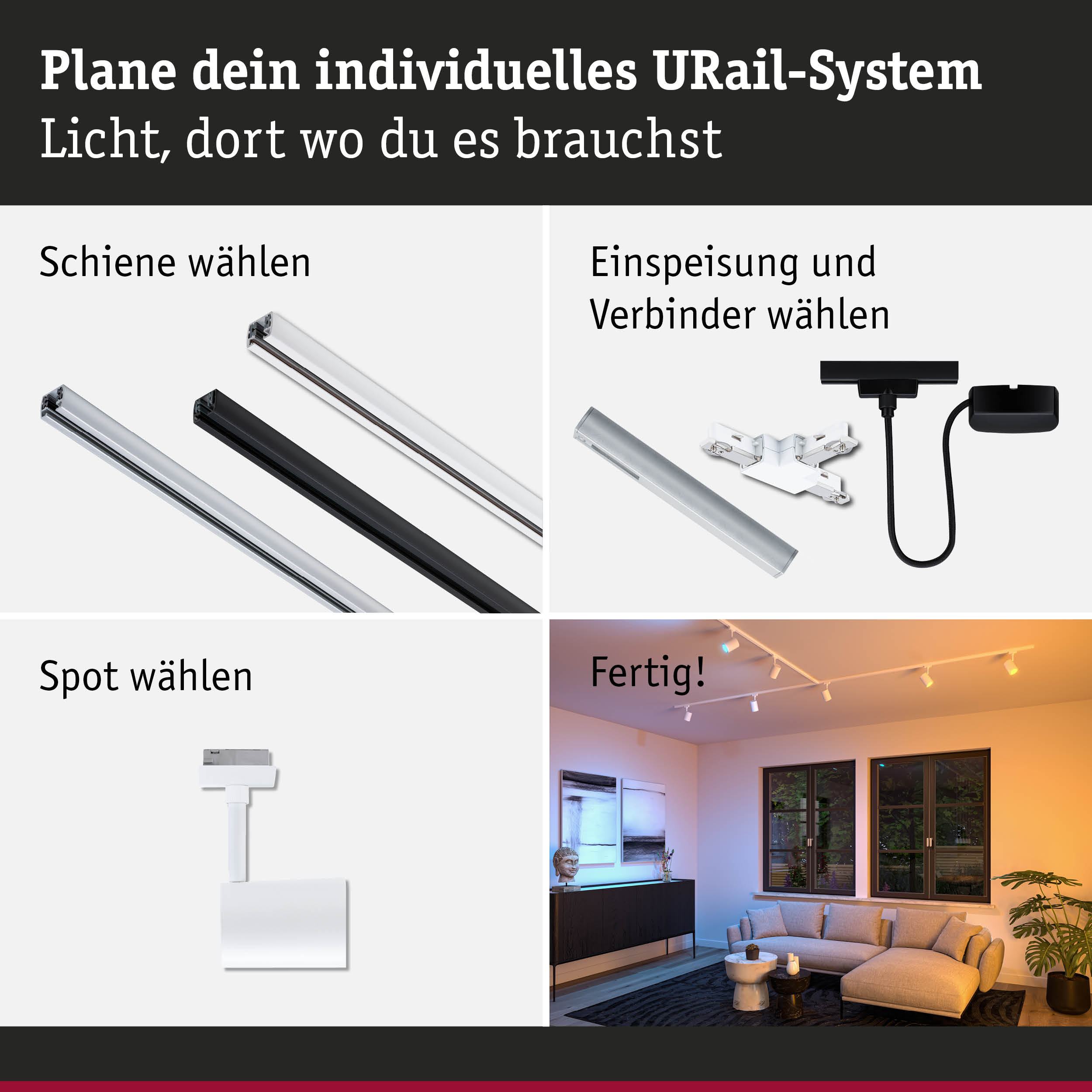 Modulares URail-Schienensystem in Schwarz und Weiß mit Steckverbindern und Spots für flexible Raumbeleuchtung