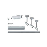 Silbernes LED-Schienensystem mit drei verstellbaren Strahlern aus Metall für moderne Raumbeleuchtung