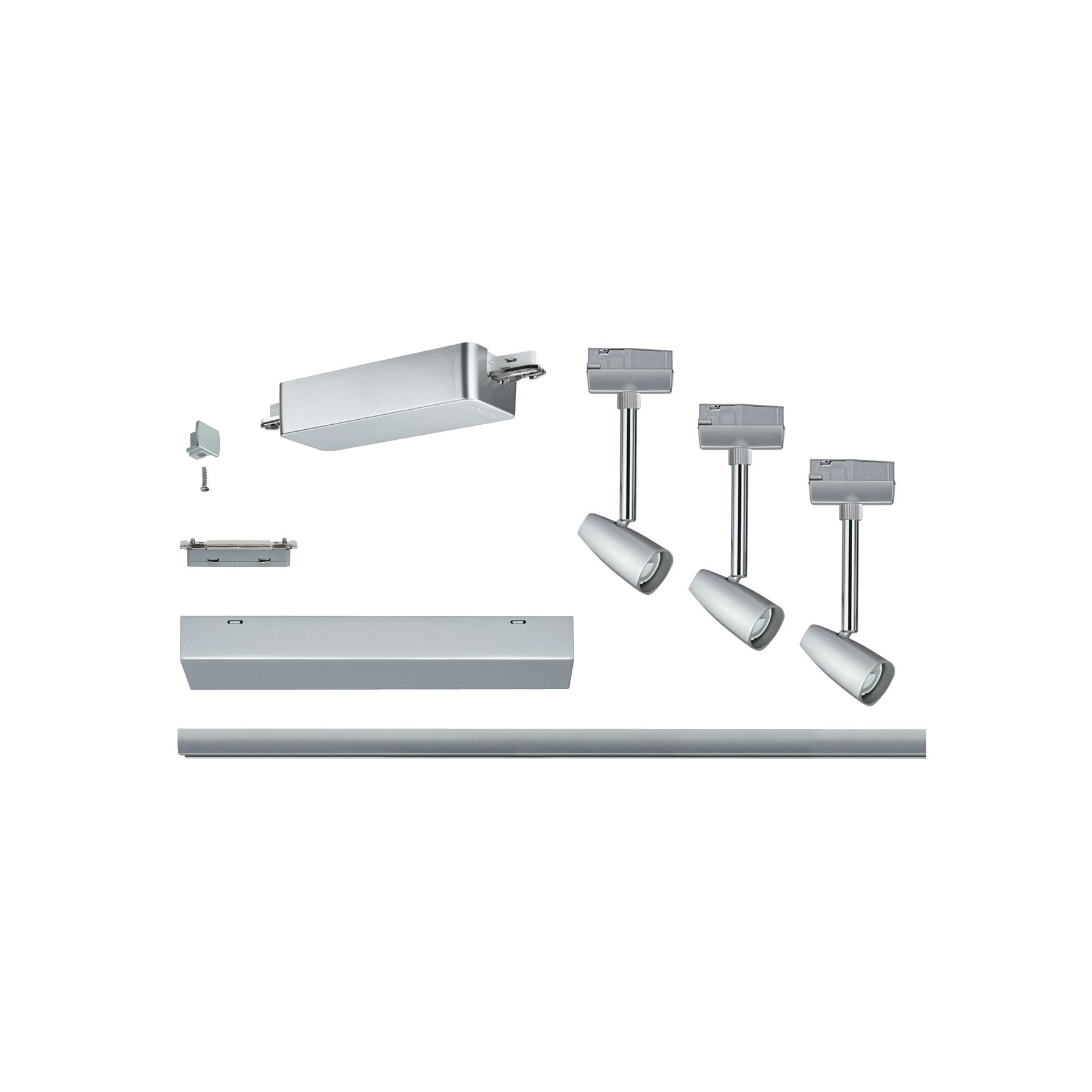 Silver metal LED track lighting system with three adjustable spotlights for modern room illumination