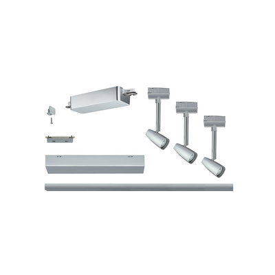 Silver metal LED track lighting system with three adjustable spotlights for modern room illumination