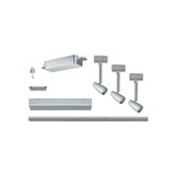 Silver metal LED track lighting system with three adjustable spotlights for modern room illumination