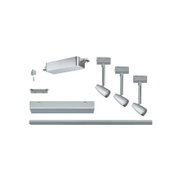 Silver metal LED track lighting system with three adjustable spotlights for modern room illumination